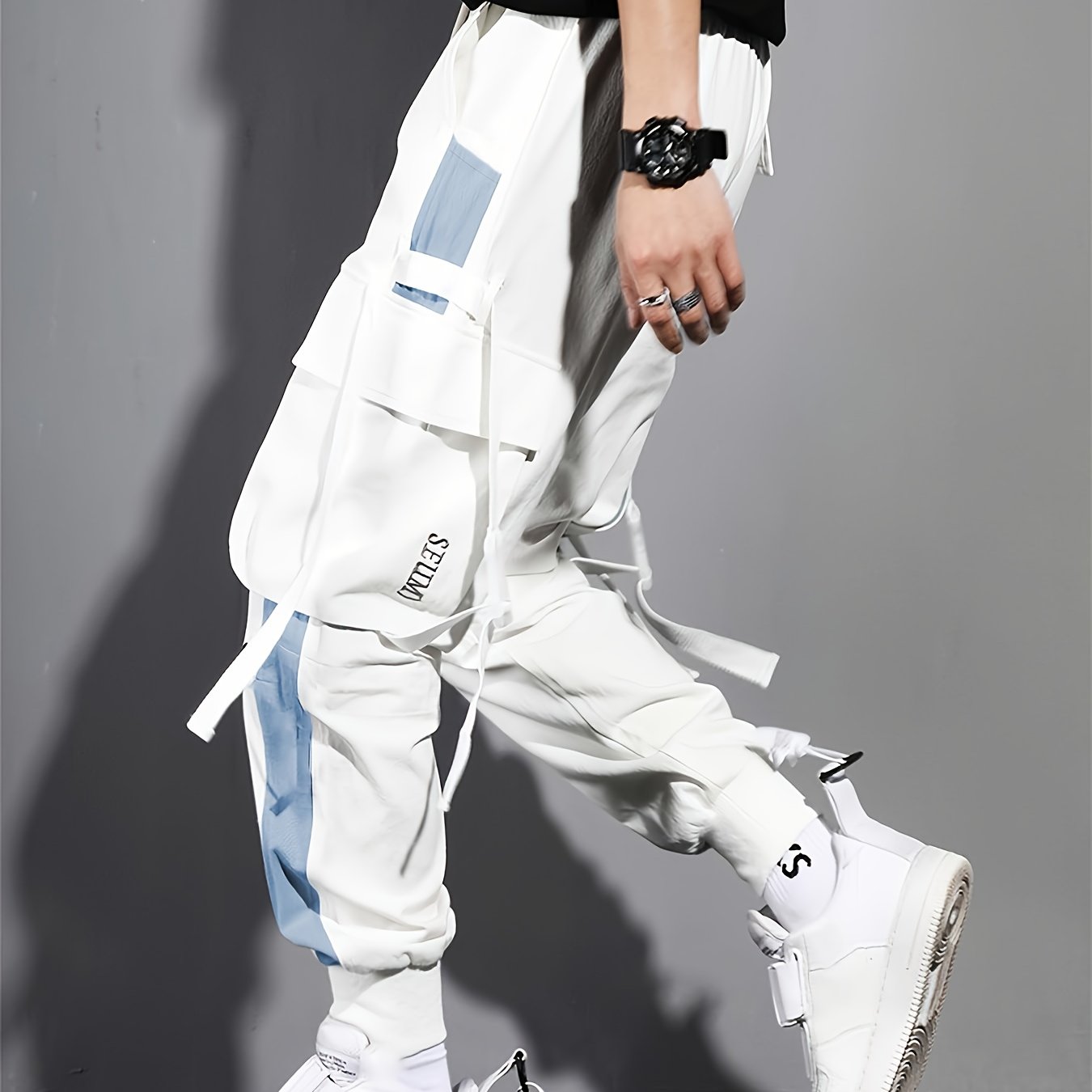 Multi-pocket Ribbon Design, Men's Color Block Cargo, Trendy Comfy Jogger Pants