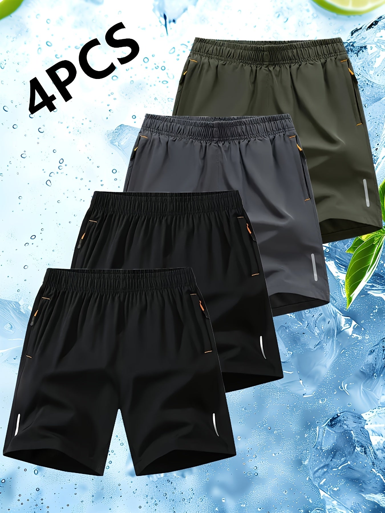 Conjunto de 4 calções desportivos para homem com riscas refletoras - Calções respiráveis ​​de secagem rápida para treinos de verão com bolsos, bege, azul marinho e preto. Calções para ténis e ginásio, design desportivo, tecido de secagem rápida.