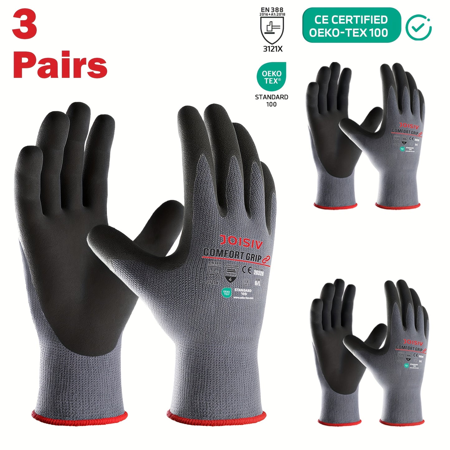 JOISIV 3/6 Pairs Nitrile Work Gloves - MicroFoam Coated, Non-Slip Grip, Breathable Safety Gloves for Gardening, Mechanic, Warehouse & DIY Tasks