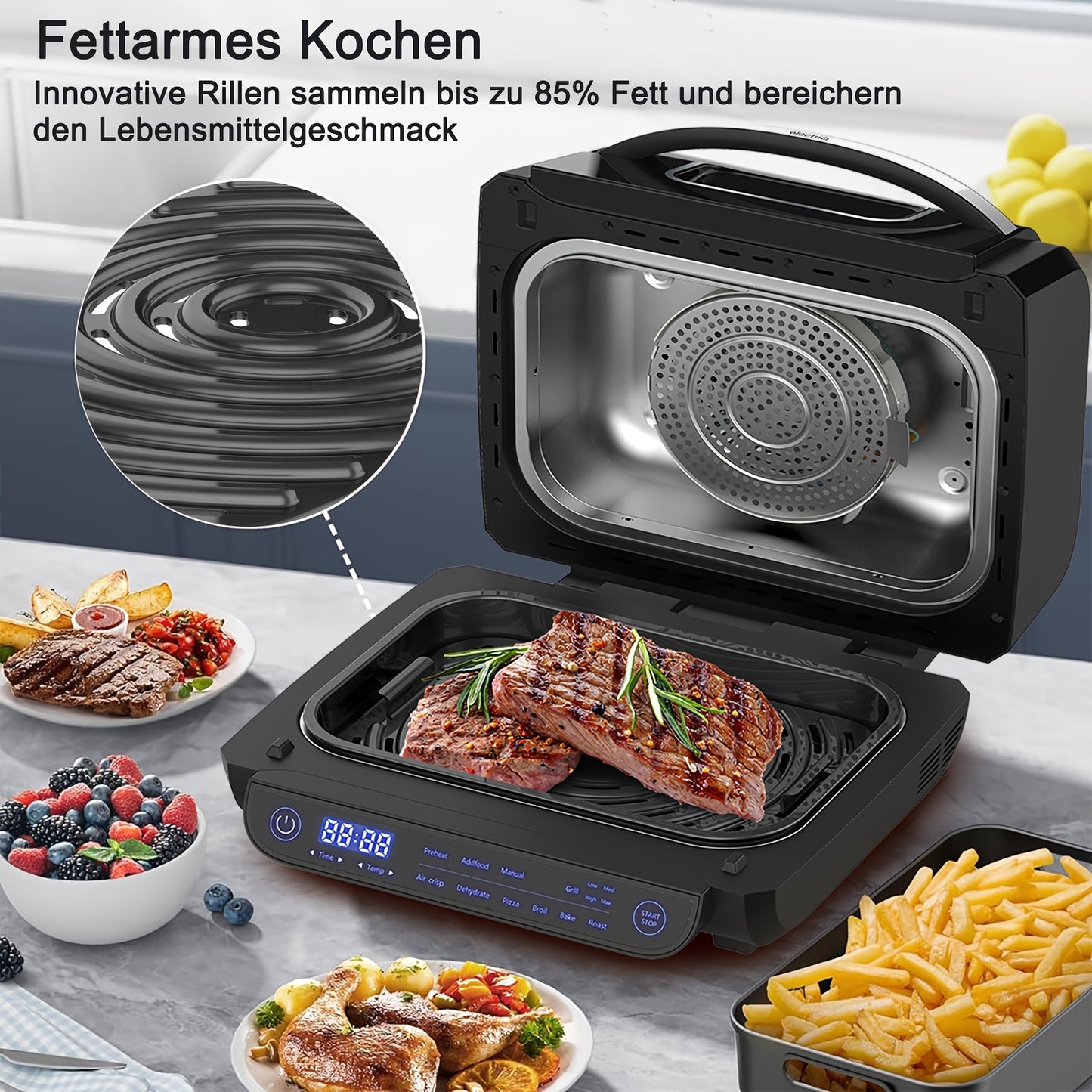 Fritadeira Elétrica 8 em 1 com Grelha e Ar Quente, Capacidade de 6L, Controlo por Toque, Temporizador de 120 Minutos, 1700W, Preta