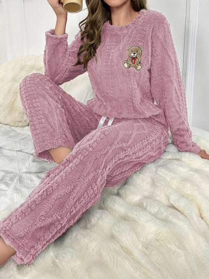 Pijama de menina em pelúcia para o outono e inverno - Conjunto com blusa de manga comprida em veludo coral grosso, gola redonda e calças. Estampado fofinho de ursinho bordado, ideal para o dia a dia. Roupa casual e confortável.