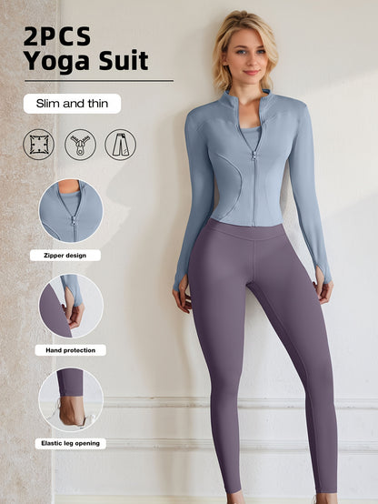 European Code Polyester Fabric Gym Running Clothes Long Sleeve Sports Jacket Cycling and Hiking Tightening Buttocks Pants Fitness Suit