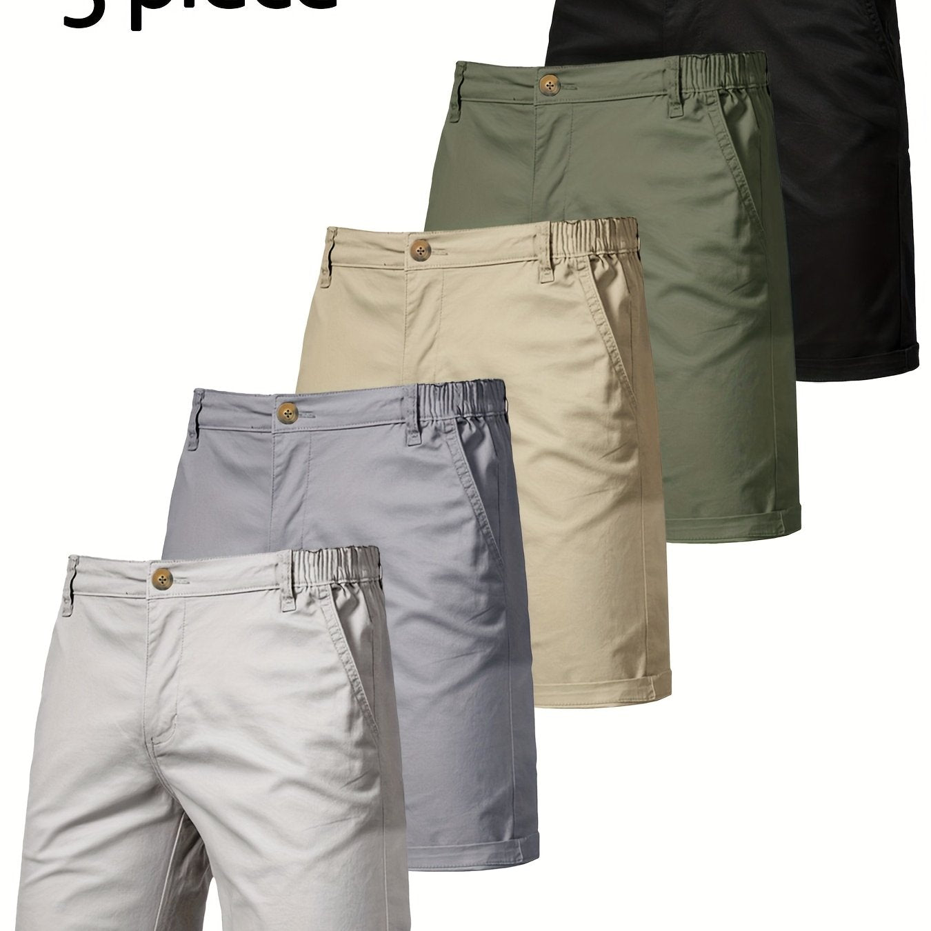 5pcs Men's Formal & Casual Shorts - Multi-Color Business, Streetwear, Beach Pants - Zipper Closure & Belt Loop - Non-Stretch Fabric for Office, Travel, Gym, Vacation - Machine Washable - (Black/Gray/Beige/Olive Green/), Versa