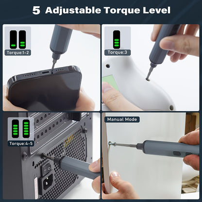 Chave de fendas elétrica 68 em 1 melhorada com 5 níveis de binário (0,1-0,5 Nm), conjunto de precisão com bateria recarregável de 350 mAh e luz LED, ferramenta para reparações domésticas em telemóveis, relógios, câmaras e computadores portáteis.