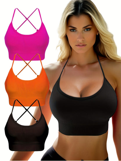 3 pcs Breathable Criss Cross Sports Bra for Women - Sleeveless Yoga Crop Top with Adjustable Straps - Perfect for Fitness and Activewear