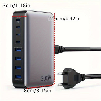 200W USB-C Fast Charger with GaN III Tech, 8 Ports PD & QC, PPS Multi-Socket Adapter, 65W High Power Compatible with MacBook Pro/Air, iPhone, iPad Pro, Galaxy, Steam Deck, Dell, VIVO, Oppo, Xiaomi - European Standard Plug, La