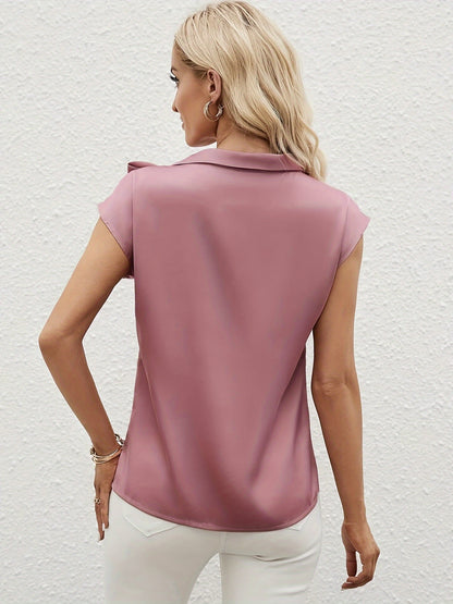 Solid Color Bowknot Front Blouse, Elegant Short Sleeve Blouse, Women's Clothing