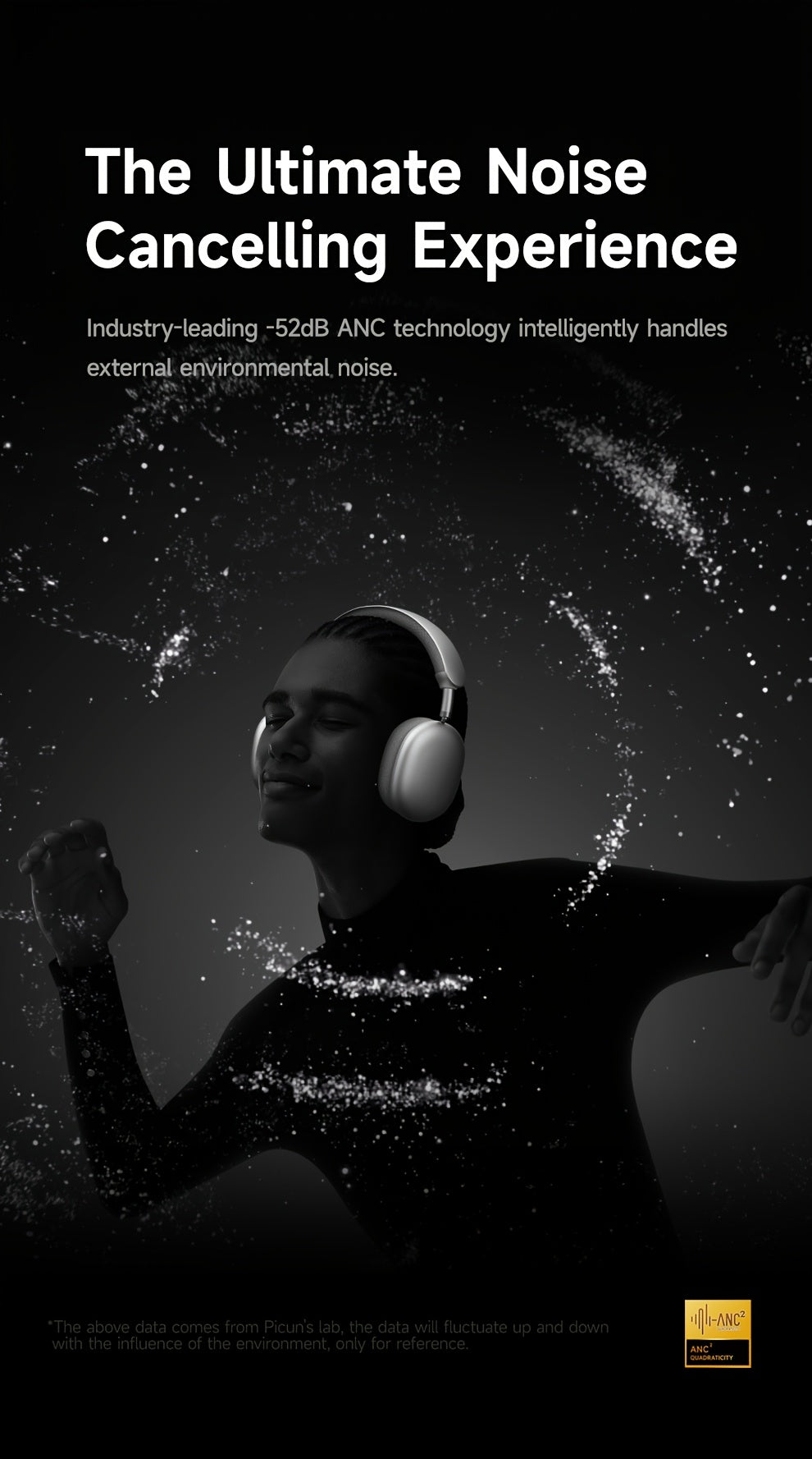 PICUN Wireless Headphones with Dynamic Head Tracking, -52dB ANC Noise Cancellation, 140Hrs Battery Life, Wireless 5.4, Wired/Wireless Switch, Double Connection & Multi-Mode Audio, Closed-back Design, Plastic Material, Compati
