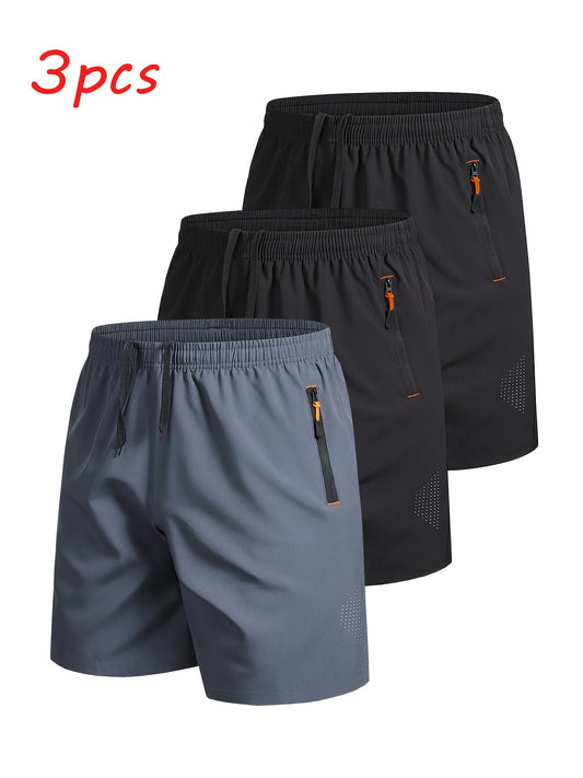 3pcs Men's Outdoor Sports Casual Shorts, Solid Color Zipper Pocket Running Fitness Quick- Breathable Athletic Shorts, Shorts For Men, Shorts For Men High Quality, Running Shorts Men, Gym Shorts Men, Workout Shorts, Sporty Des