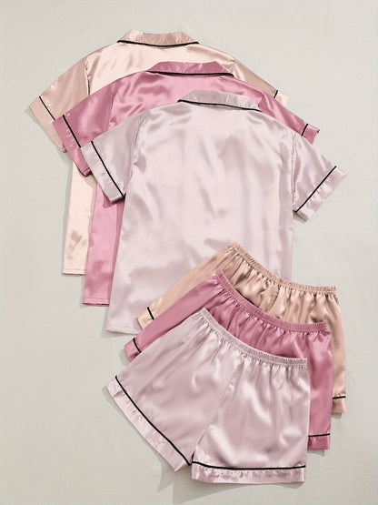 3 Sets Satin Pajama Set, Short Sleeve Lapel Top & Elastic Waistband Shorts, Women's Sleepwear & Loungewear