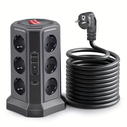 EU Multifunctional Power Tower Plug with 2 USB A Ports And 2 USB C Ports, HAFINO Triple 12-position Multi-socket Power Strip with PD 20W Fast Charging (4000W 16A) for Home And Office Scenarios