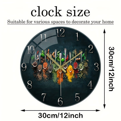 12-Inch Silent Glass Wall Clock with Vibrant Spice Design - Thick Reinforced Glass, Battery-Powered (AA), Modern Kitchen & Bedroom Decor, Perfect Gift for Christmas, Halloween, Birthdays, and More, Kitchen Wall Decor | Vibran