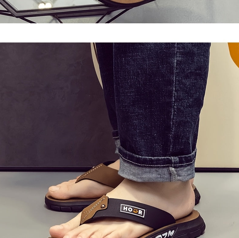 Chinelo de dedo casual de verão para homem - Resistente a odores, antiderrapante, durável, com sola macia e tira ajustável, design castanho e preto para uso diário e ao ar livre, calçado de praia | Chinelo de dedo elegante | Sola em PVC durável, sandália