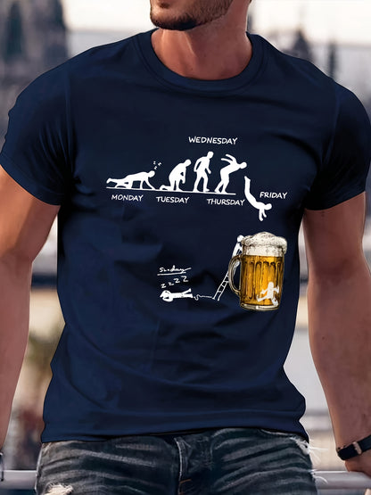 Men'S 100% Cotton Graphic T-Shirt - "Wednesday" Beer Mug Design, Casual Crew Neck, Short Sleeve, Regular Fit, 210g/㎡, Perfect for Barbecues & Parties, Party Tshirt | Playful Design | Durable Fabri