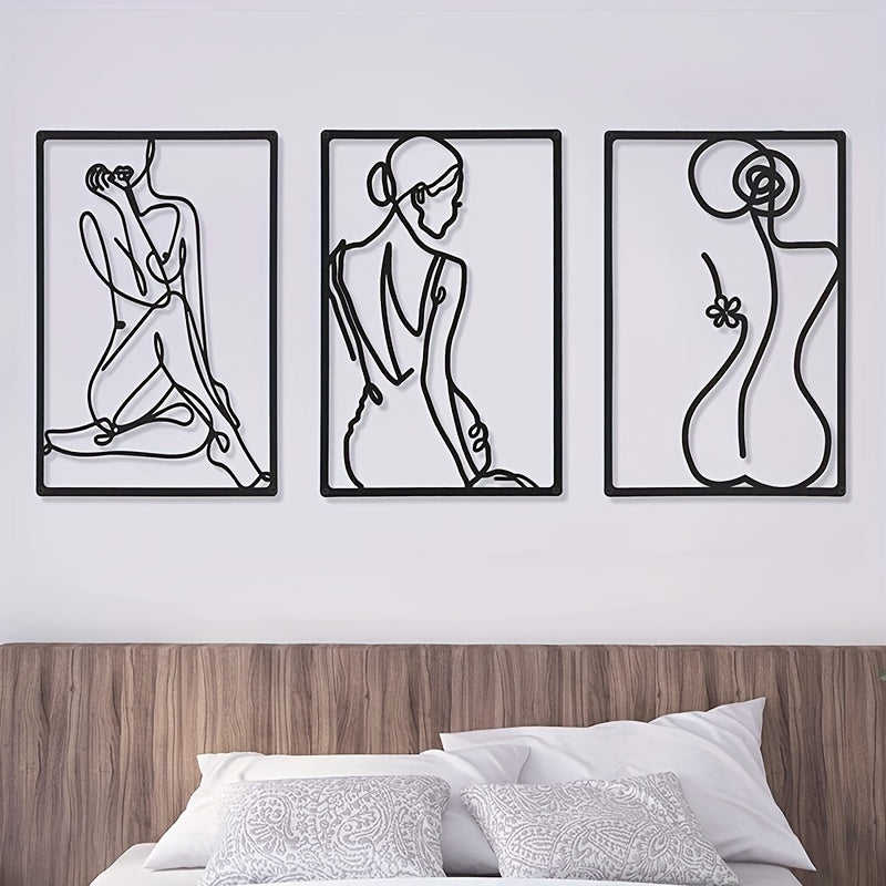 3 pcs Modern Abstract Metal Wall Sculpture - Thick Real Metal Minimalist Art for Home Decor - Single Line Design for Bedroom, Living Room, and Wall Crosses