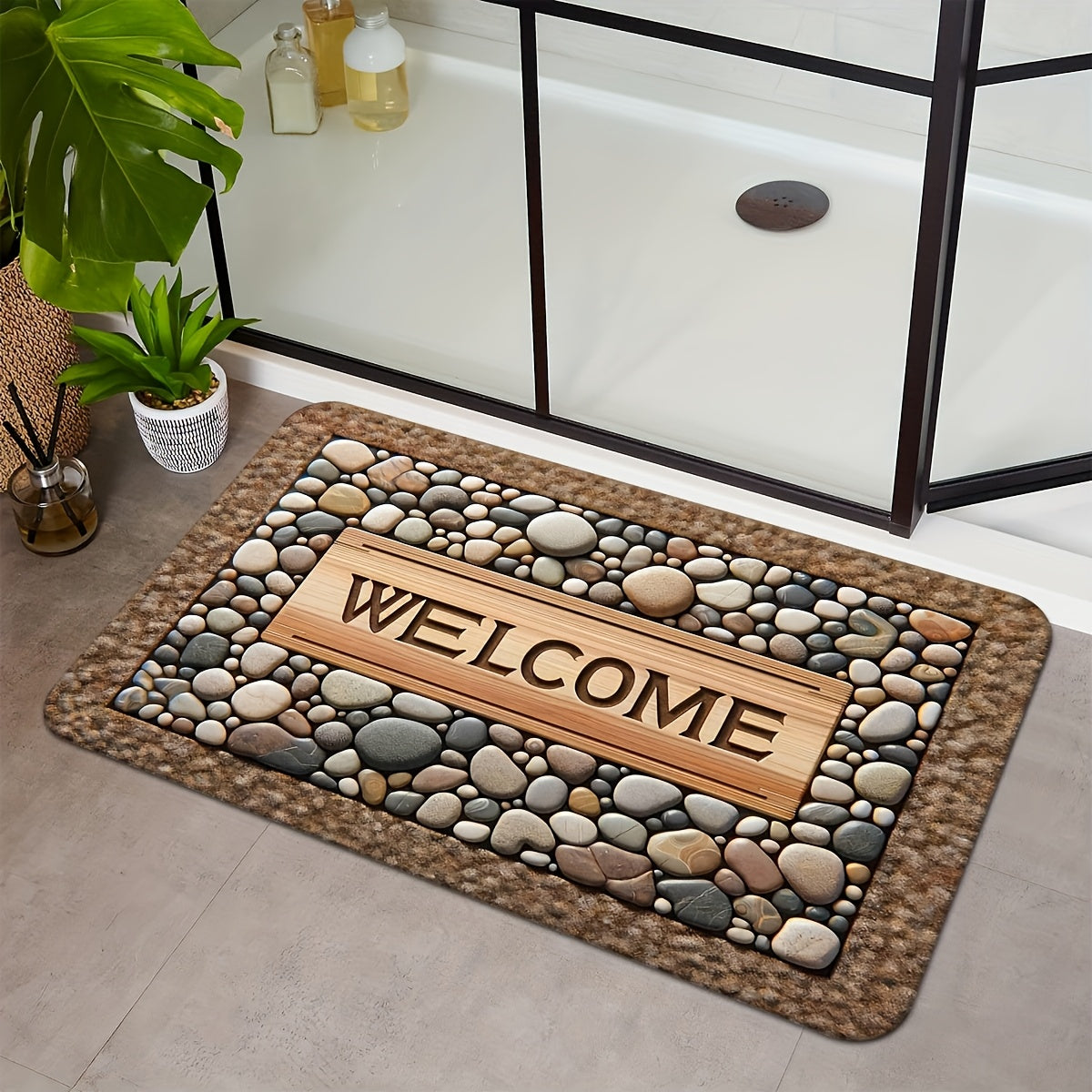 2D Welcome Home Non-Slip Door Mat - Durable, Machine Washable Mat with Stone Pattern & Wood Texture Design - Perfect for Farmhouse Decor, All-Season Use, Polyester Material, Welcoming Entrance Mat | Natural Look Mat | Wooden