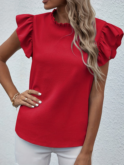 Ruffle Trim Round Neck Blouse, Casual Flutter Sleeve Blouse For Spring & Summer, Women's Clothing Wedding holiday vacation