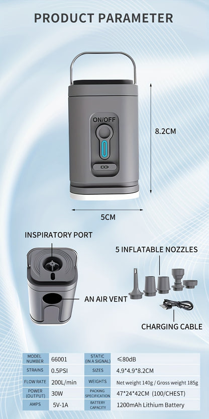 2-in-1 Portable Cordless Electric Air Pump with Built-in LED Light - Rechargeable Lithium Battery Outdoor Camping Gear for Inflatables, Tents, and Emergency Lighting