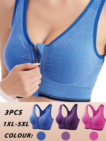 3pcs Plus Size Front Zipper Bras - No Underwire & Removable Pads, Breathable Mesh Running Bras for Women, 1XL-5XL (Navy/Black/Purple), Casual swear, Sleek y Look, Comfortable Fit