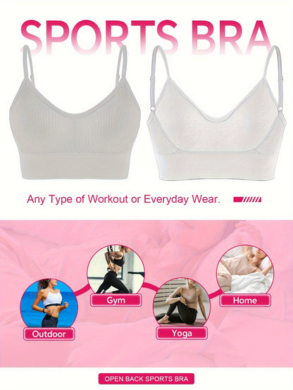 Solid Ribbed Sports Bra, Comfy & Breathable Workout Fitness Intimates Bra, Women's Lingerie & Underwear