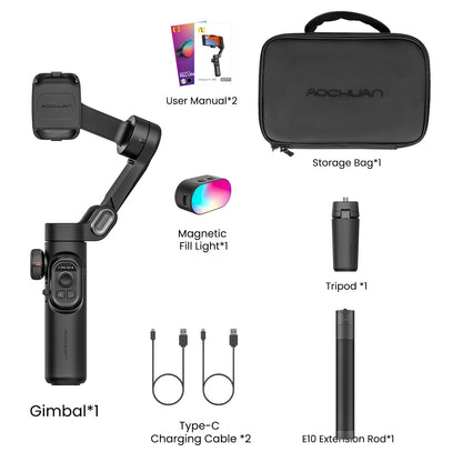 Estabilizador de telemóvel AOCHUAN de 3 eixos com IA 7.0 para estabilização, seguimento de rosto/objeto por IA, zoom e focagem, ideal para gravação de vídeos com smartphone. Capacidade de carga de 250g.