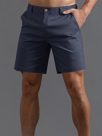 5pcs Men'S Fashion Solid Color Shorts, Woven, Simple, Straight Leg, Five-Inch, Versatile, Business Style, Street, Versatile, Beach Vacation, Travel, Outdoor, Casual, Sports, Zipper, Resin, Button, Half, Elastic, Belt, Casual