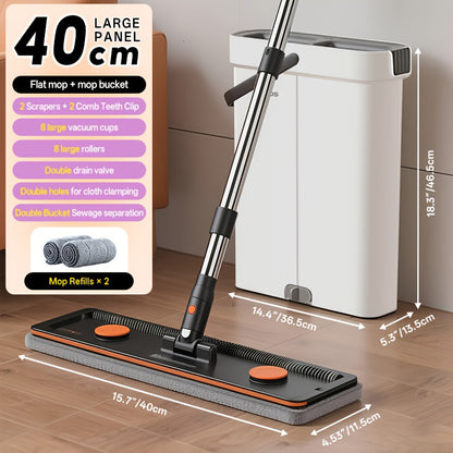 Large Flat Mop And Bucket Set with Wringer, Hands Free Commercial Floor Mop And Bucket for Deep Cleaning, Wet And Dry Use, Wash&Dry Dual Tank, with 2 Reusable Microfiber Pads, Space-Saving Design for Hardwood, Tile, Laminate