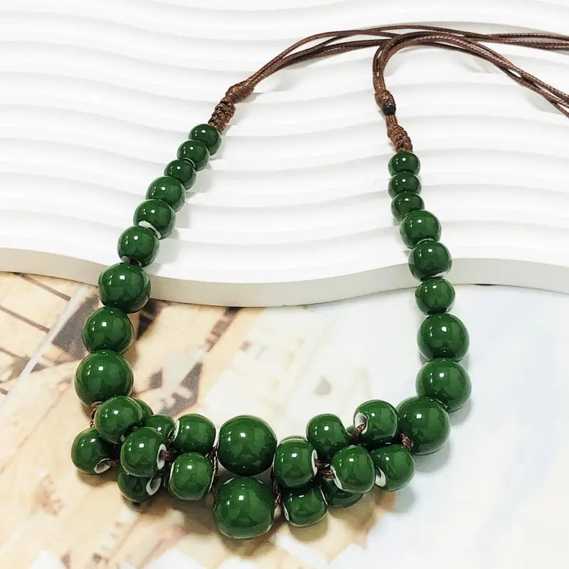 Handwoven Bohemian Women's Necklace - Marbled Ceramic Beads in Earthy Brown/Green/Blue/Golden/Black, Chunky Multi-Color Large Bead Statement Jewelry, Year-Round Versatile Boho-Chic Accessory for Daily Wear & Special Occasions