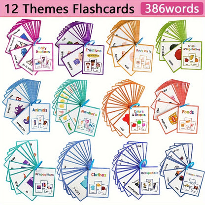 12 Themes Learning Flash Cards 386 English Words, Kids Toddler Colors, Shapes and Numbers, Learning Toys, Educational Preschool Flashcards Kindergarten Educational Toys School Supplies gift