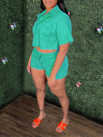 Solid Casual Two-piece Set, Short Sleeve Button Crop Top & Drawstring Waist Shorts Outfits, Women's Clothing