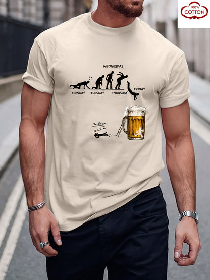 Men'S 100% Cotton Graphic T-Shirt - "Wednesday" Beer Mug Design, Casual Crew Neck, Short Sleeve, Regular Fit, 210g/㎡, Perfect for Barbecues & Parties, Party Tshirt | Playful Design | Durable Fabri