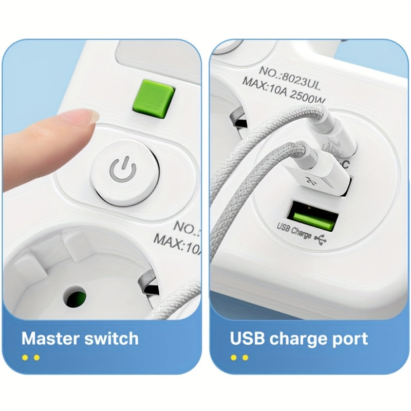 European Plug USB Adapter with 2 USB Ports, 1 C-Shaped Independent Switch, No-Blocking Compact Design, 10A 2500W, Suitable for Home Office Kitchen, Modern Plug Design, Durable Power Outlet