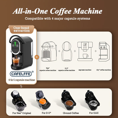 CAFELFFE 4-in-1 Capsule Coffee Machine | 19 Bar Espresso Maker | Smart Temp Control & 7 Preset Brewing Times | Compatible with Nes/DG/ Capsules Ground Coffee/ESEpod | Premium Gift Set for Coffee Lovers & Family, Automatic Esp