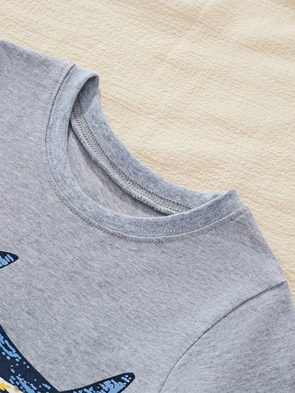 LITTLE BITTY Boys' Cotton Long Sleeve Crew Neck T-Shirt, Cartoon Shark Pattern, Casual Skinny Fit, Breathable Knit Fabric, Regular Sleeve, for Hiking & Outdoor, Weekend Casual Wear - Spring/Summer Collection