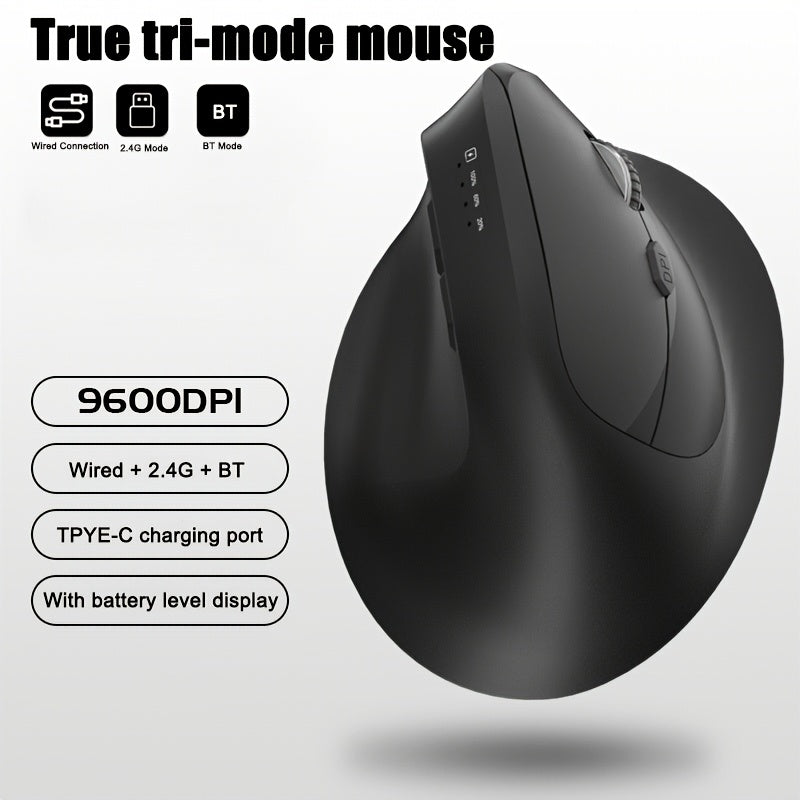 WOWSSYO Right-Handed Ergonomic Gaming Mouse - Wired + Wireless + BT Tri-Mode, 6-Speed Adjustable Optical, USB-C Rechargeable, Ergonomic Design for Laptop & Desktop Computers, Black/Red/Blue/Teal, Ergonomic Mouse, Computer Acc