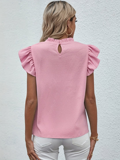 Ruffle Trim Round Neck Blouse, Casual Flutter Sleeve Blouse For Spring & Summer, Women's Clothing Wedding holiday vacation