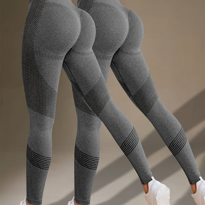 2pcs Solid Color Fitness Yoga Sports Leggings, High Stretch Tummy Control Yoga Leggings, Women's Activewear
