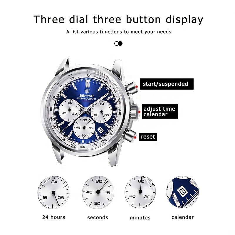 Relógio BENYAR para homem, marca de alta qualidade, desportivo, multifunções, cronógrafo, quartzo, preto, elegante, com calendário e bracelete em pele.