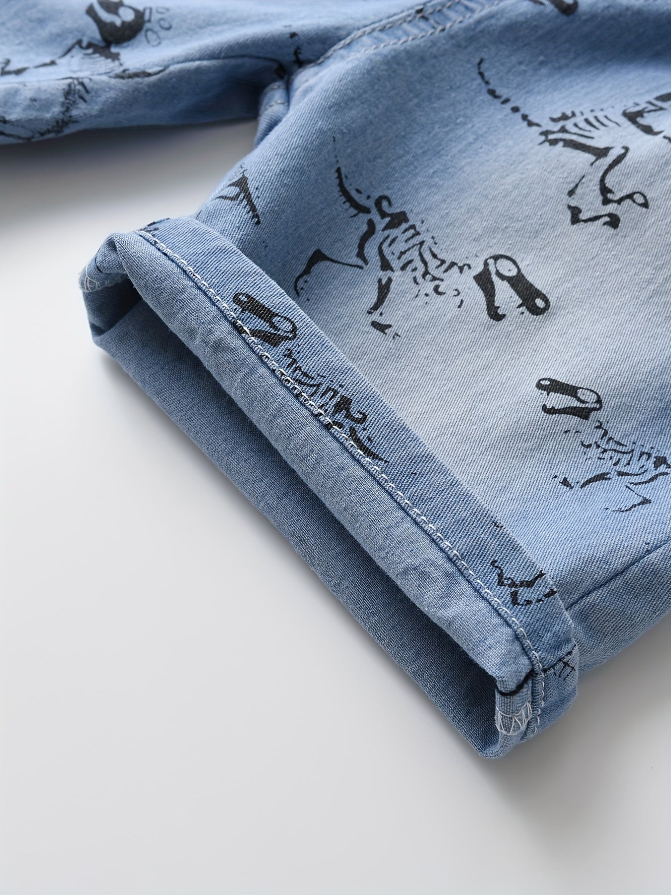 Skeleton Dinosaur Print Boys Comfortable Creative Denim Shorts, Casual Slightly Stretch Shorts For Summer Outdoor