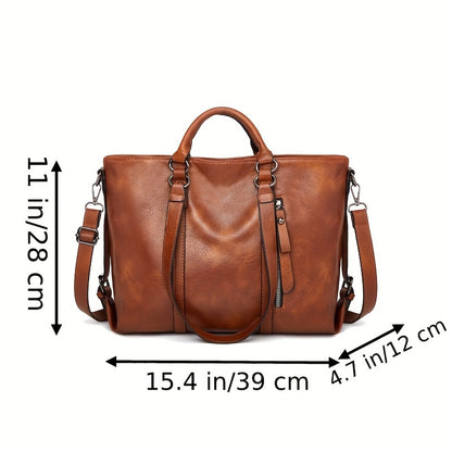 Women's Thickened Soft Synthetic Leather Tote & Crossbody Purse - Large Capacity Multi-Pocket Organizer with Removable Shoulder Strap, Zipper Closure, Oil-Edged Trim - Work, Travel, Casual Bag in Brown, Navy, Red, Black - Chr