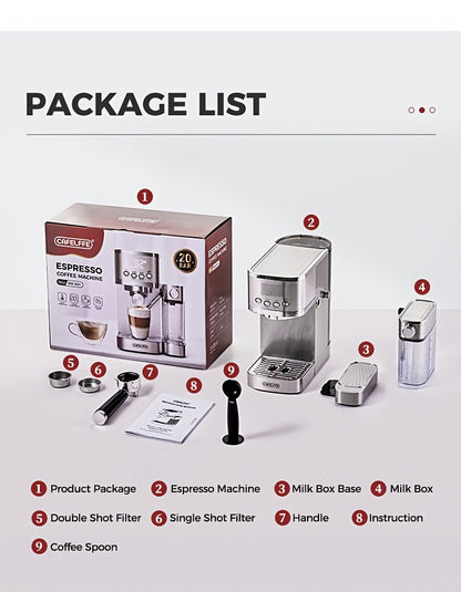 CAFELFFE Semi-Automatic Espresso Machine MK801 with Automatic Milk Frothing System, One-Touch Operation for Espresso, Latte & Cappuccino, 20BAR High Pressure, 1.3L Water Tank & 0.7L Milk Tank, Self-Cleaning Function, 1350W Po