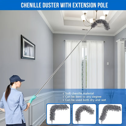 Microfiber Duster with 254.0 cm Telescopic Extension Pole Kit for High Ceilings, Cleaning Fan Spider Webs, Reusable and Washable Lightweight Ceiling Fan Nets, Blinds