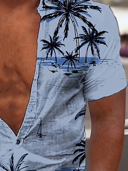 Camisa de homem de manga curta com estampado de coqueiros, ideal para o dia a dia em resorts e para a praia.
