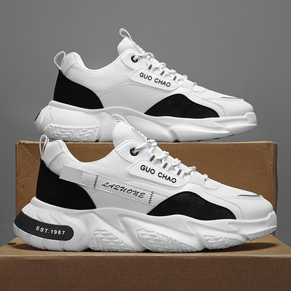 1 Pair Men's All-Season White Low-Top Sneakers - Heavy-Duty Traction PVC Sole, Lace-Up Casual Shoes for Travel, & Daily Wear - Cushioned, All-Terrain Grip (Black/White) - Versatile Outdoor & Footwear