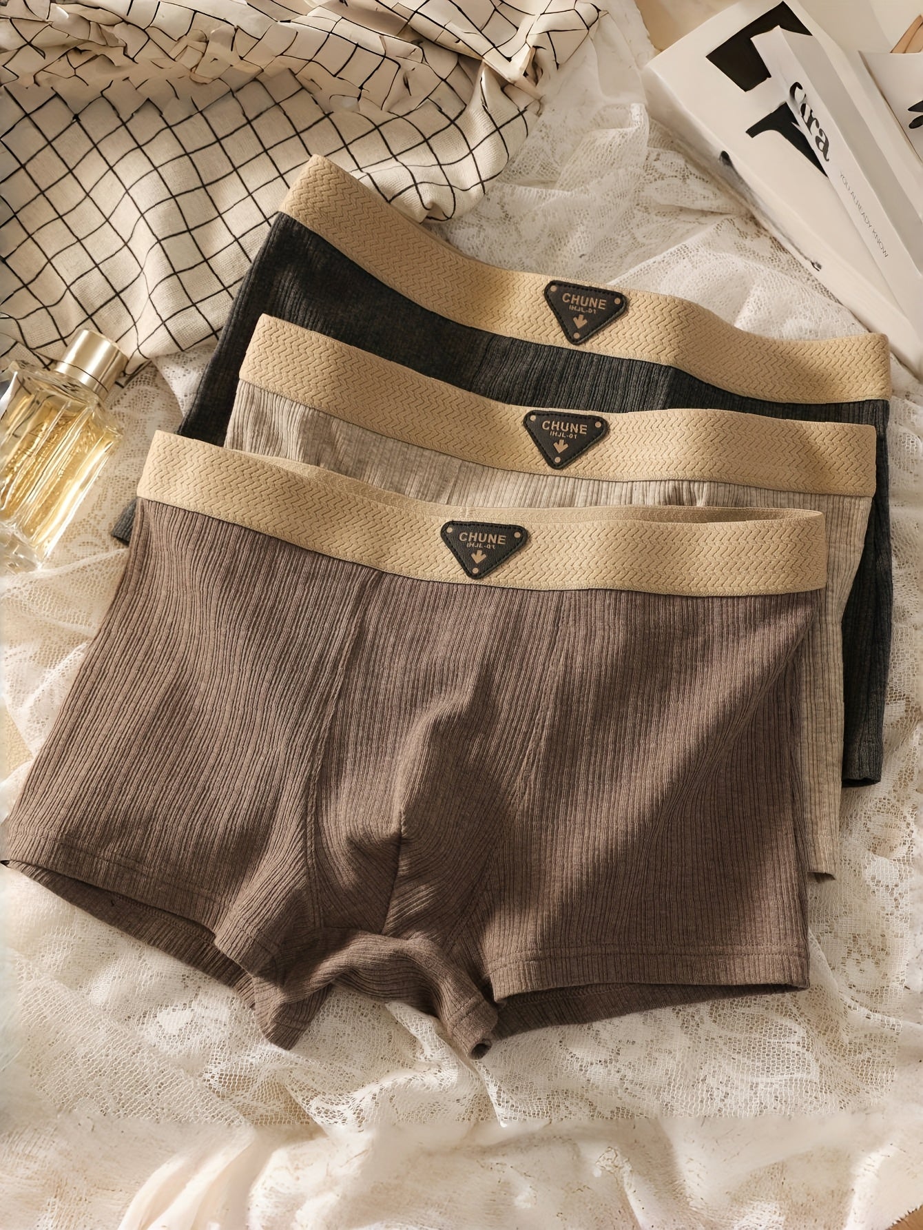 3pcs Men'S Comfortable Retro Boxer Briefs - Breathable Stretch Fabric, Solid Color (Black, Beige, Brown) with Golden Accents, Elastic Waistband & Cuffs for Secure Fit, Comfortable Undergarment, Classic Boxer Design, Smooth Te