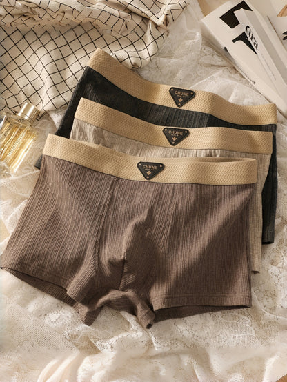 3pcs Men'S Comfortable Retro Boxer Briefs - Breathable Stretch Fabric, Solid Color (Black, Beige, Brown) with Golden Accents, Elastic Waistband & Cuffs for Secure Fit, Comfortable Undergarment, Classic Boxer Design, Smooth Te
