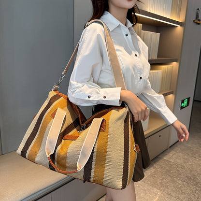 HUOHUO Women's Large Capacity Retro Striped Travel Handbag & Carry-On Luggage - Lightweight Nylon Suitcase with Adjustable Strap, Golden-Tone Hardware, Zipper Closure & Lining - Casual & Formal Use for Airplane, Train, Car Tr