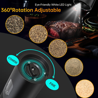 Two-piece portable electric pepper and salt grinder set, with base, USB charging, one-handed operation, adjustable coarseness, 300mAh battery capacity, interchangeable design, essential kitchen helper for cooking, perfect too
