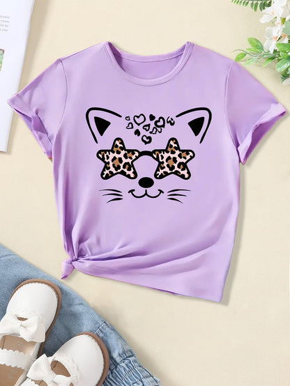 Girls Funny Kitty Print Short Sleeve T-shirt Summer Clothes Gift