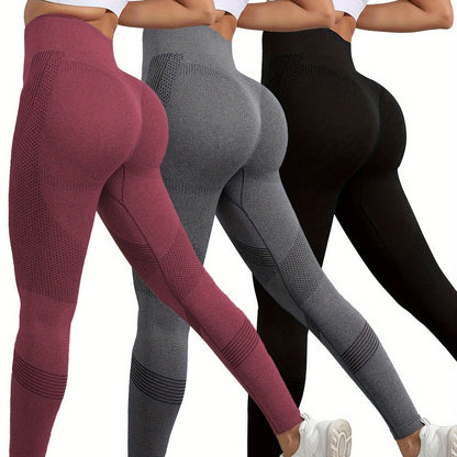 3pcs Breathable High Waist Butt Lifting Fitness Leggings, Solid Color, Tummy Control Running Sports Tight Yoga Pants, Women's Activewear